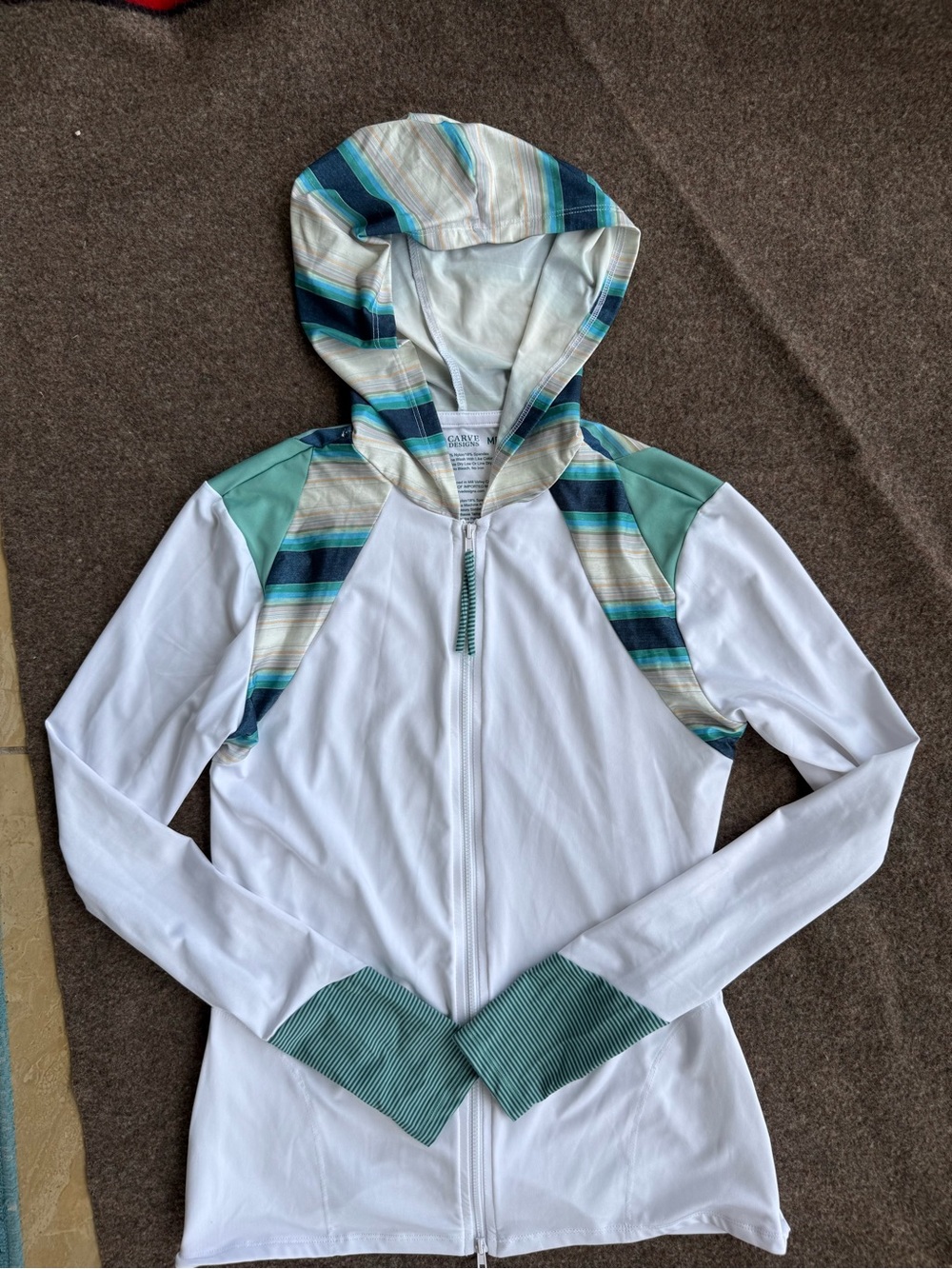 Carve Designs White zip up with Teal and Navy Stripes